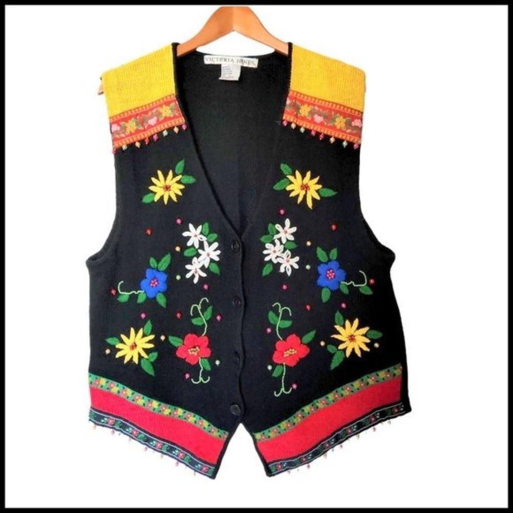 Vintage Victoria Jones Beaded Christmas Embroidery Sweater Vest Women's Sz L